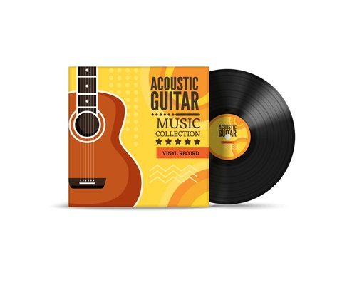 Vinyl record cover realistic mockup retro design acoustic guitar collection on white background vector illustration