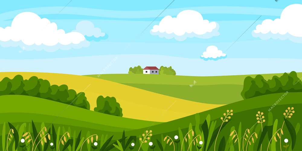 Rural landscape field composition little white house with red roof in the green village vector illustration