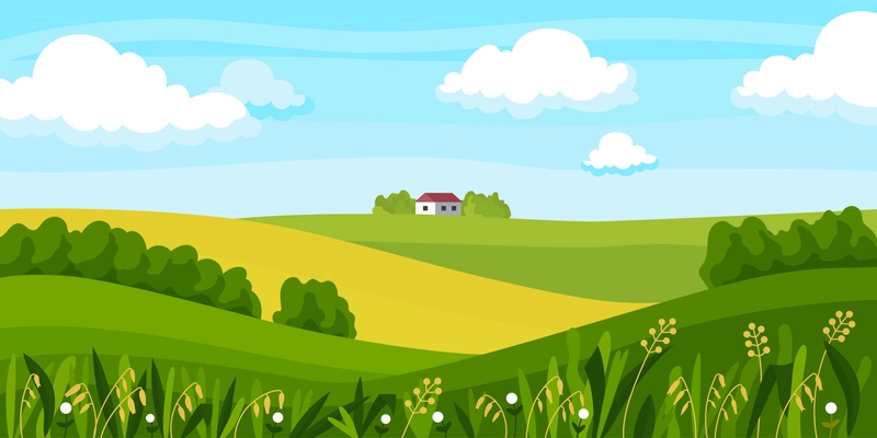 Rural landscape field composition little white house with red roof in the green village vector illustration