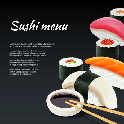 Sushi menu seafood with soy sauce on black background vector illustration