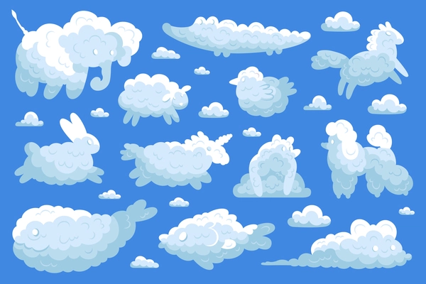 Animal clouds icon set with elephant bunny horse dog bear in form of clouds in the blue sky vector illustration