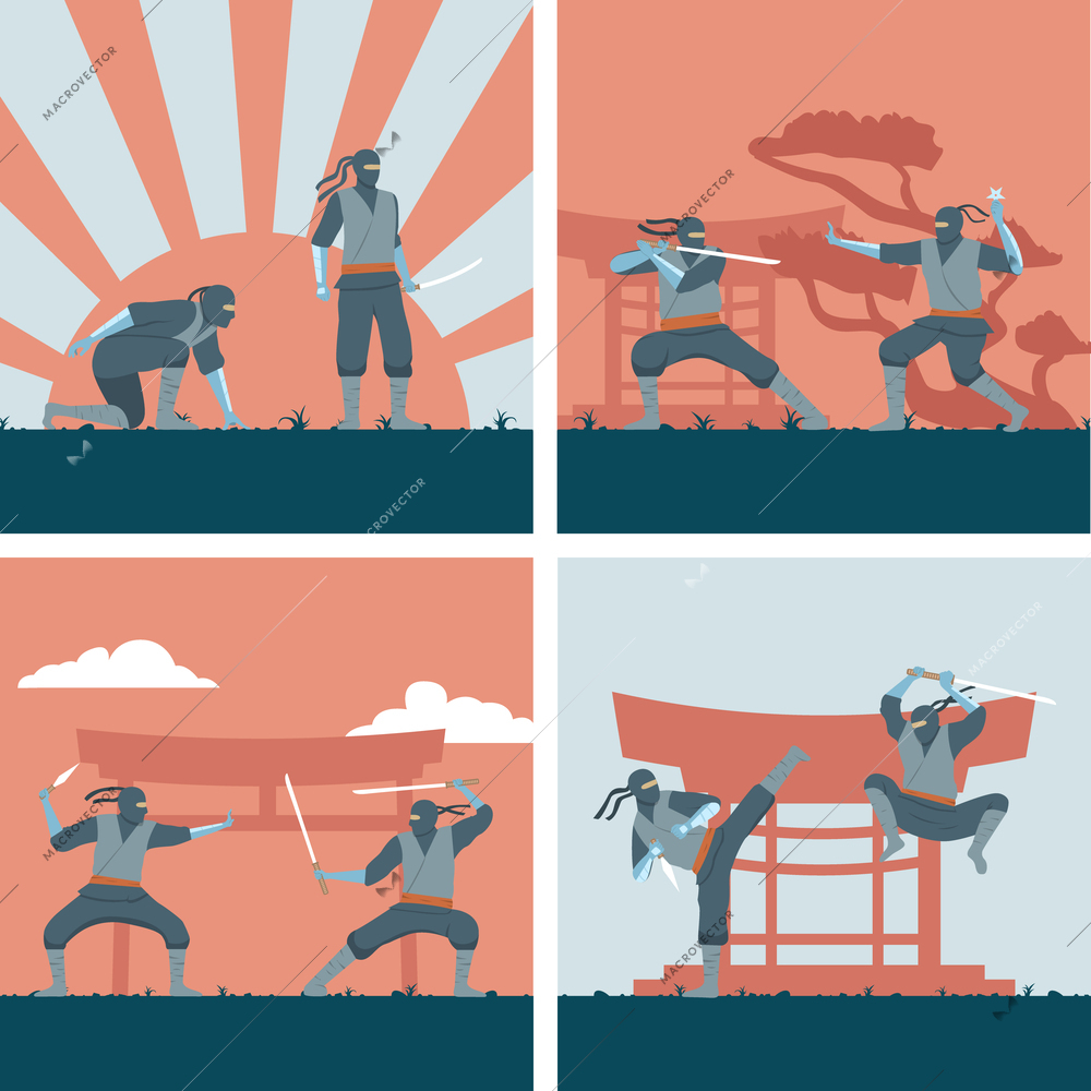 Ninja flat 2x2 design concept set with fighting japanese warriors isolated vector illustration