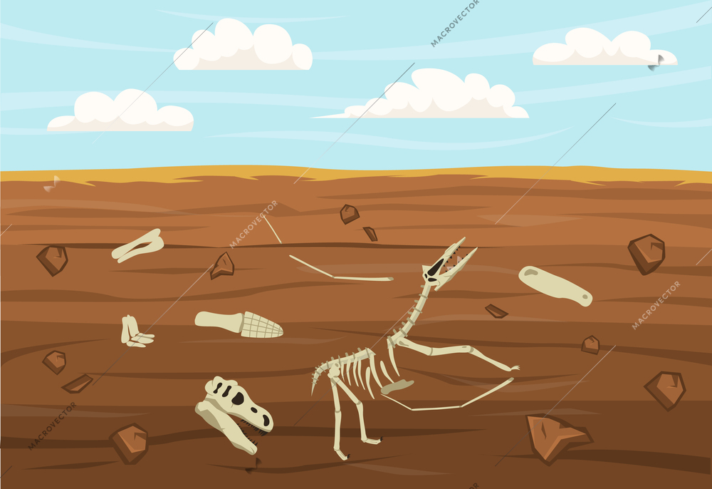 Dinosaur skeleton fossils with bones and skulls in soil flat vector illustration