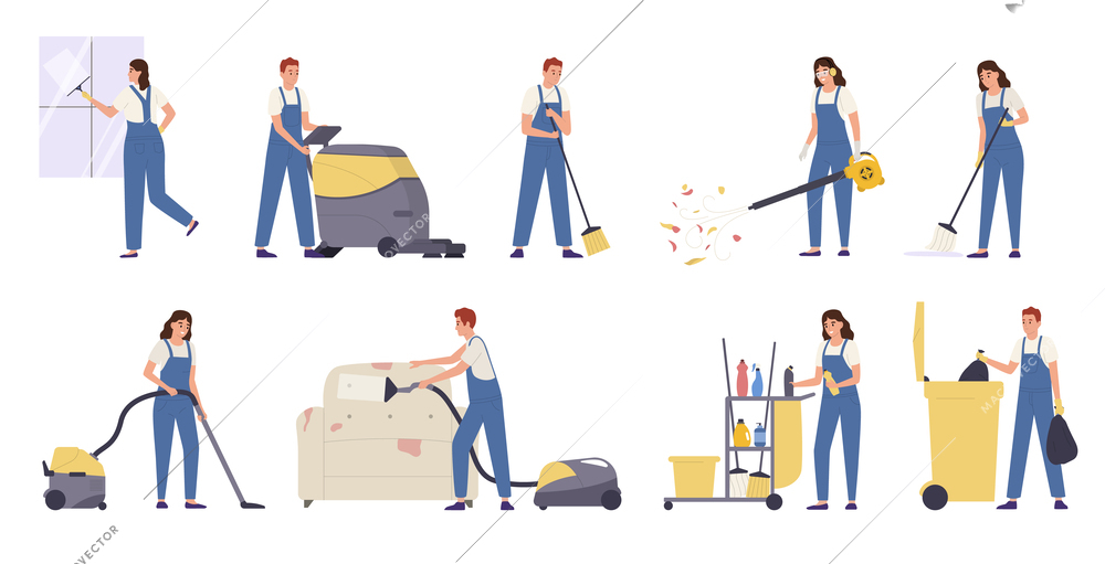 Professional cleaning service workers doing various household chores flat set isolated vector illustration