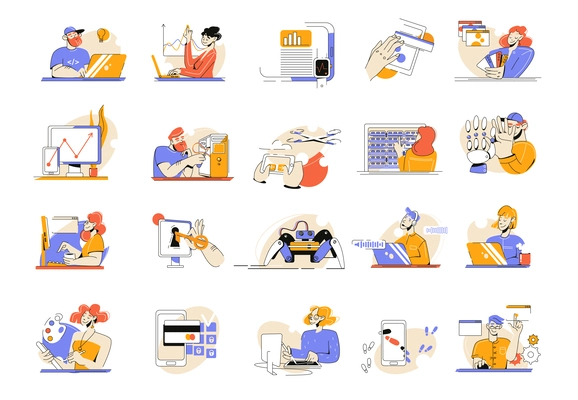 It specialist flat set with isolated compositions of computer art icons and characters of young entrepreneurs vector illustration