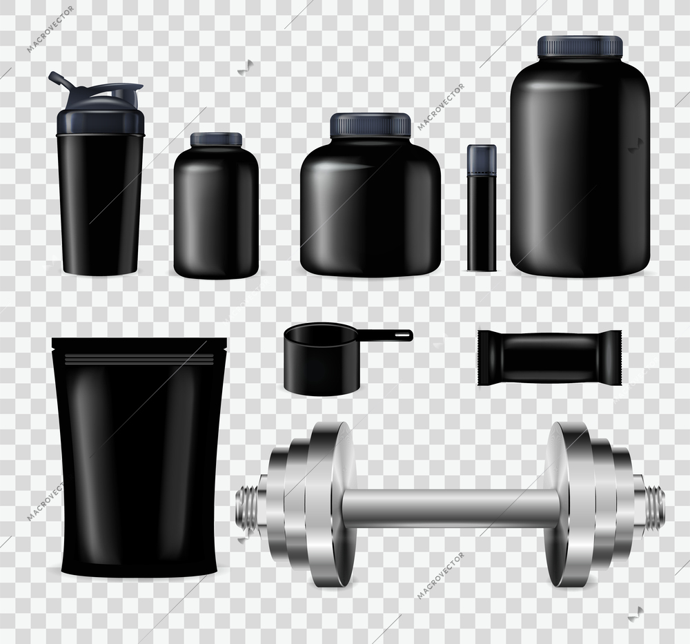 Sport nutrition package realistic set with isolated icons of black jars and flexible packages with dumbbells vector illustration