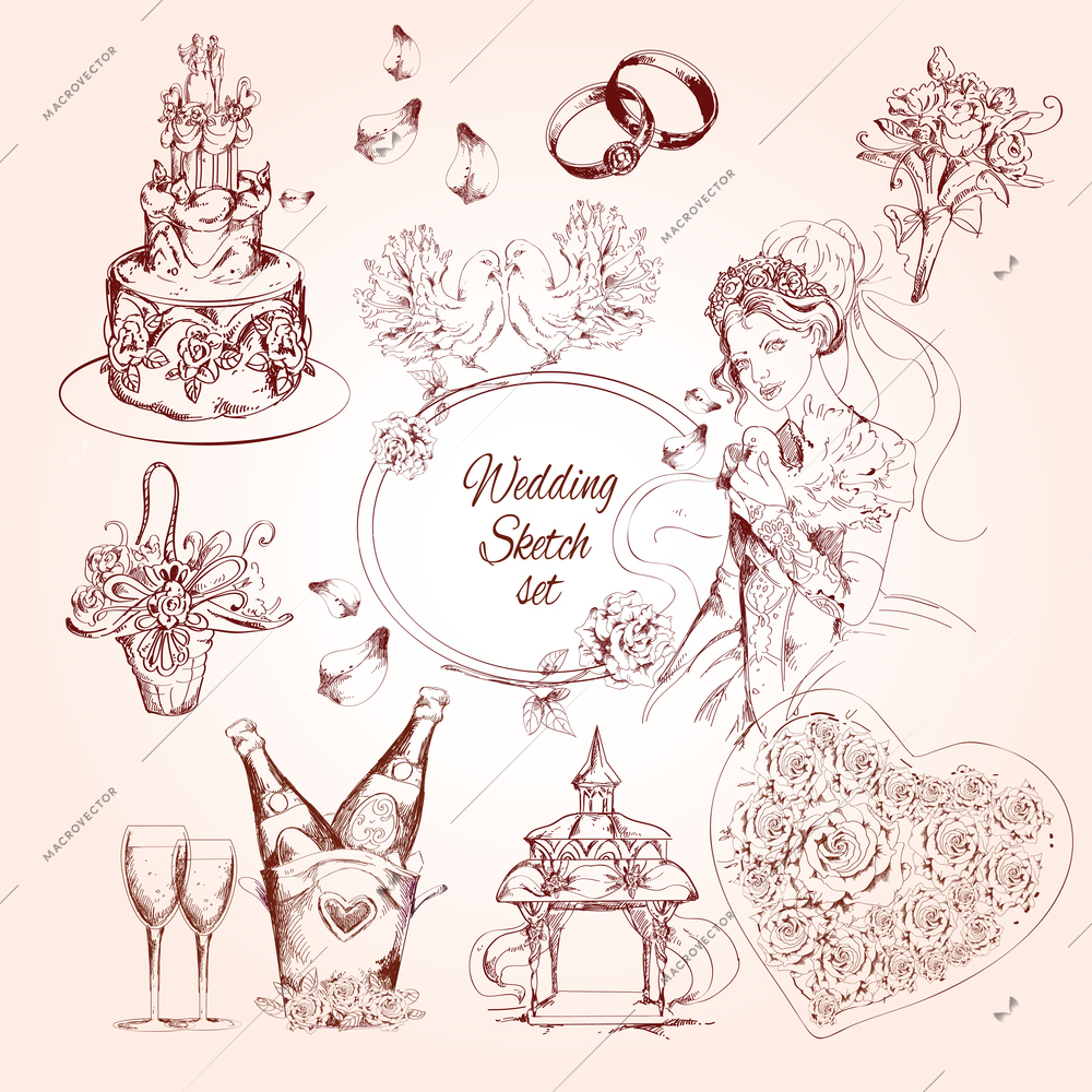 Wedding sketch set with cake champagne bride flowers rings isolated vector illustration