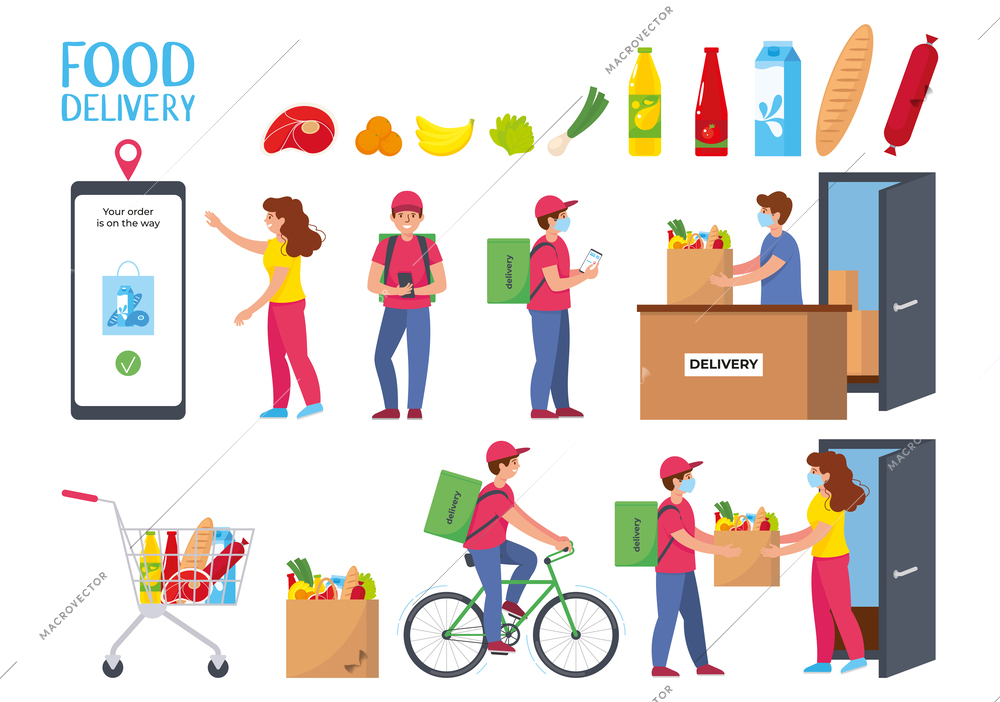 Delivery courier service flat big set of isolated smartphone app with food delivery icons and people vector illustration
