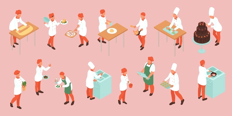 Cooking isometric color set of people in professional uniform preparing food at restaurant kitchen and delivering orders on tray isolated vector illustration