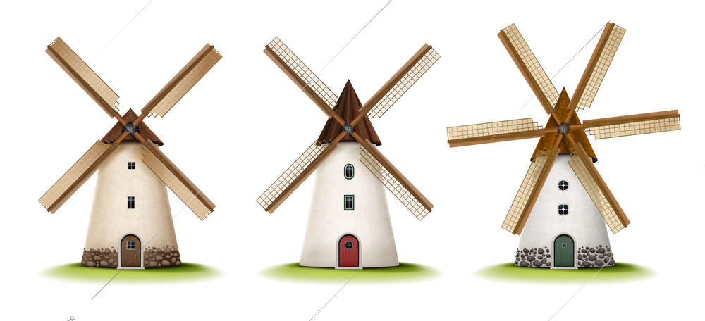 Vintage stone similar windmills realistic set in cartoon style isolated on white background vector illustration