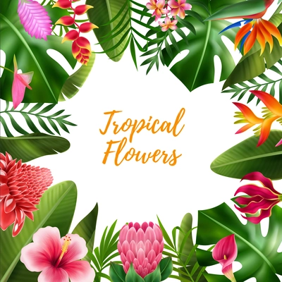 Exotic flowers realistic frame with tropical forest symbols vector illustration