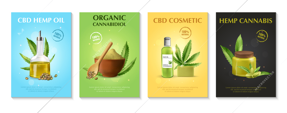 Realistic cannabis poster set with cbd hemp oil organic cannabidiol cbd cosmetic and hemp cannabis headlines vector illustration