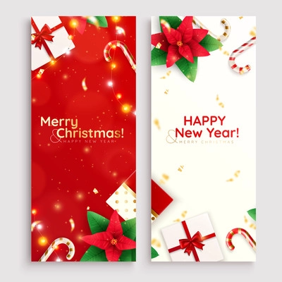 Christmas decorations plants set of two vertical banners with text and realistic images of gifts lollipops vector illustration