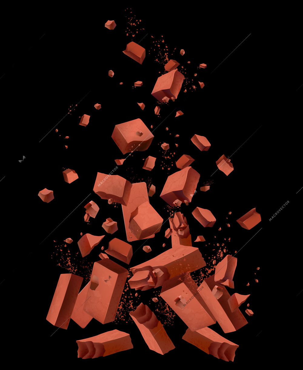 Realistic wall breaking composition with falling bricks on black background vector illustration