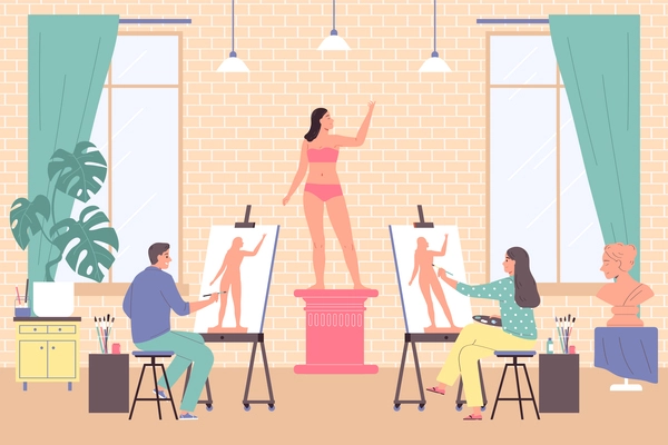 Artist painting studio with indoor interior scenery and two painters drawing female life model from nature vector illustration