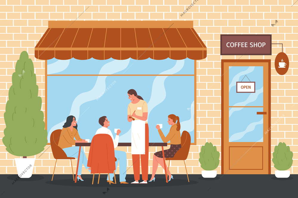 Coffee shop composition with outdoor scenery and group of friends drinking coffee at table with waiter vector illustration