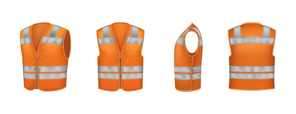 Workwear uniform set of realistic icons with isolated angled views of orange vest for road works vector illustration
