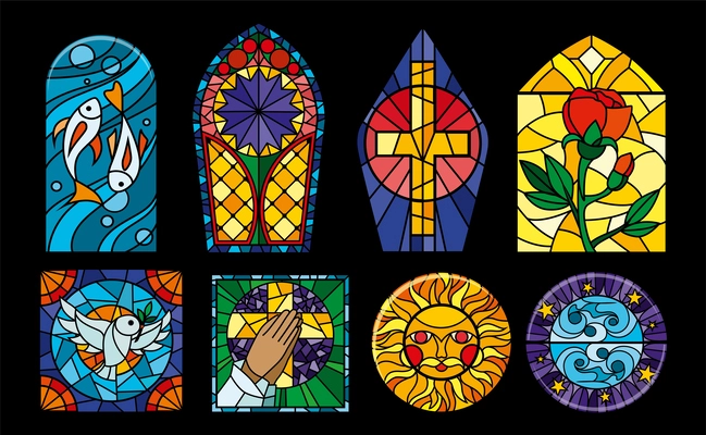 Colored cathedral stained glass windows of different forms on black background isolated vector illustration