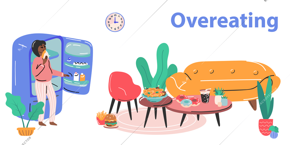 FP eating disorders flat infographics with text and interior elements with food and woman near fridge vector illustration