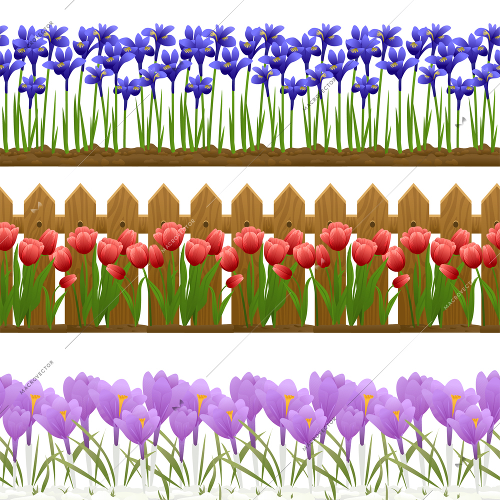 Spring flowers flat seamless borders set with wooden fence and rows of colorful purple violet flowers vector illustration