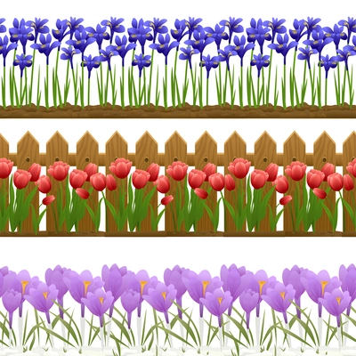 Spring flowers flat seamless borders set with wooden fence and rows of colorful purple violet flowers vector illustration