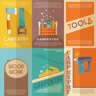 Carpentry mini poster flat set with wood work toolbox isolated vector illustration