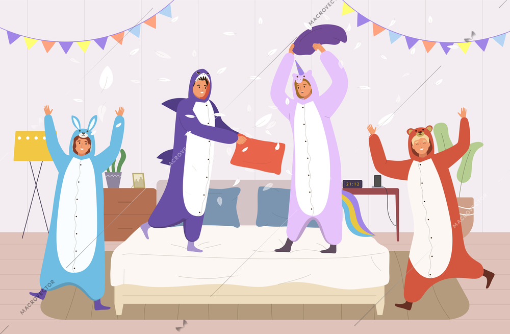 Happy people wearing kigurumi pyjamas having fun and pillow fight in bedroom during sleepover flat composition vector illustration