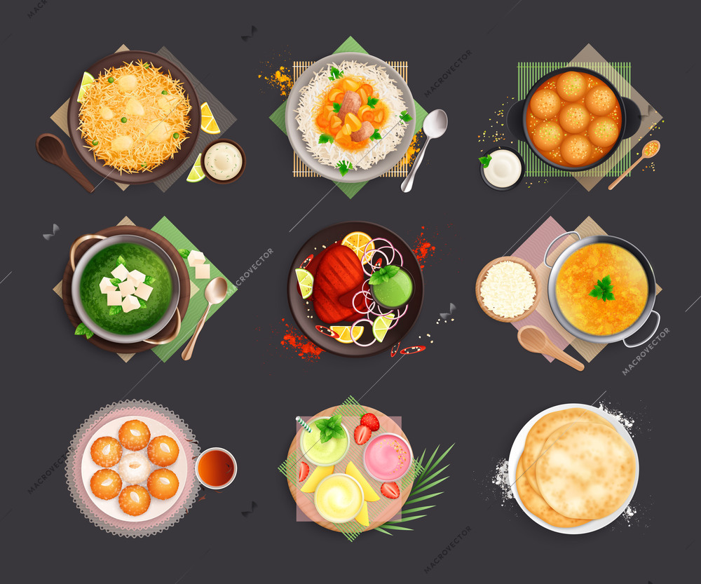Indian cuisine flat set of isolated circle compositions with top angle views of plates with dishes vector illustration