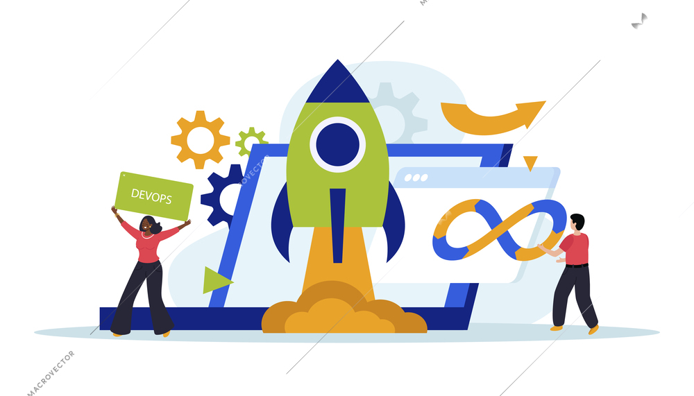 Devops engineering flat composition with launching rocket symbolizing release of  project vector illustration