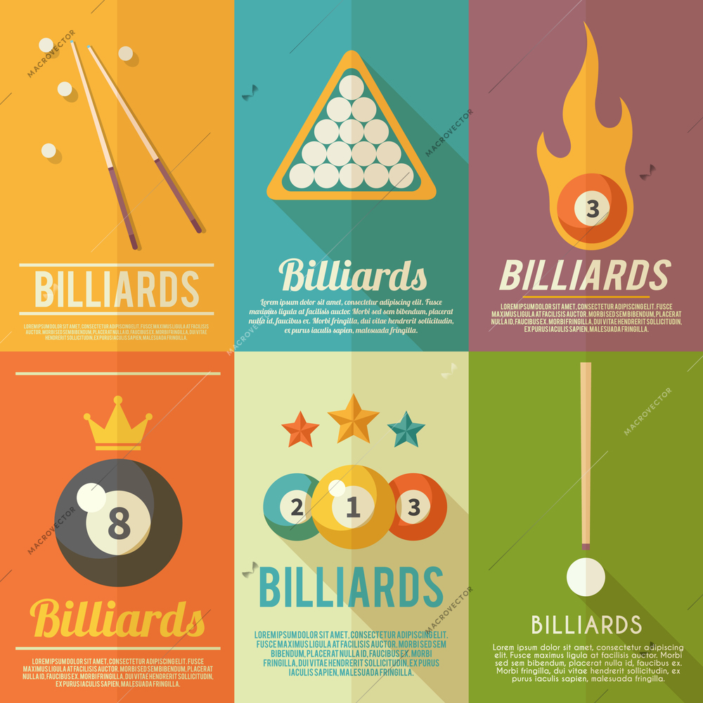 Billiards pool snooker accessories mini poster flat set isolated vector illustration