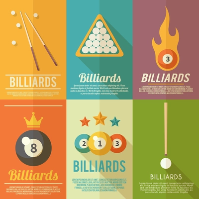 Billiards pool snooker accessories mini poster flat set isolated vector illustration