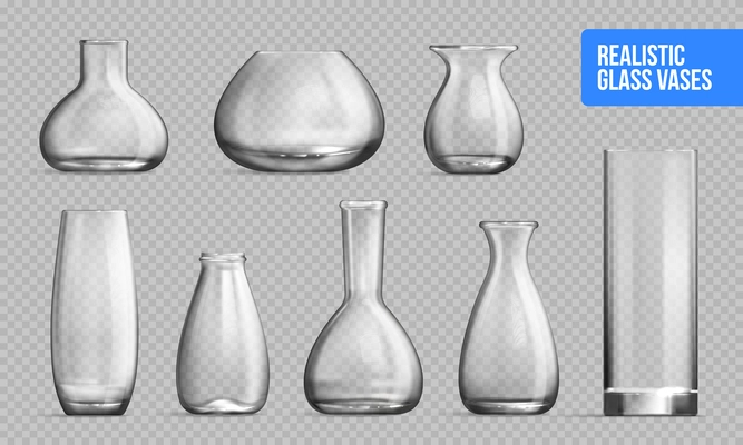 Empty glass vase transparent set for flowers or cold beverage with rounded shape realistic vector illustration