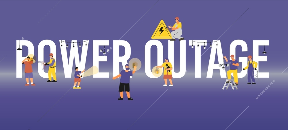 Power outage flat composition with text surrounded by human characters of electricians and people with flashlights vector illustration