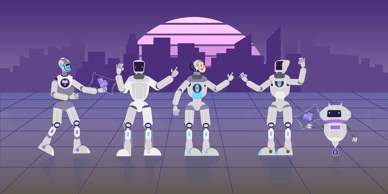 Cyborg ai city composition with flat retrowave style artwork cityscape robots and people in robotic costumes vector illustration