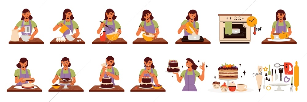 Homemade cooking cake icon set young girl cooks and bakes a cake step by step vector illustration