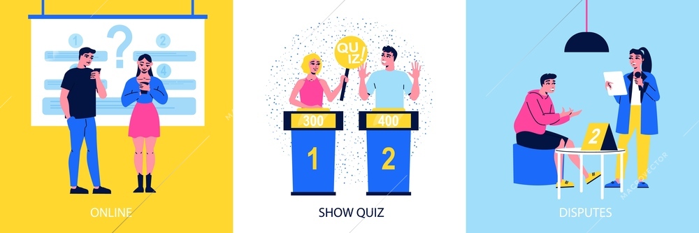 People participating in online quiz show tv program disputes flat design concept isolated vector illustration