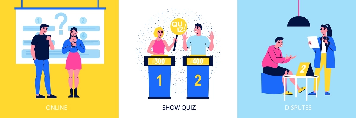 People participating in online quiz show tv program disputes flat design concept isolated vector illustration