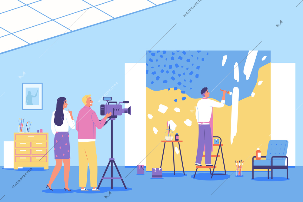 Two people with camera shooting artist painting in studio flat background vector illustration