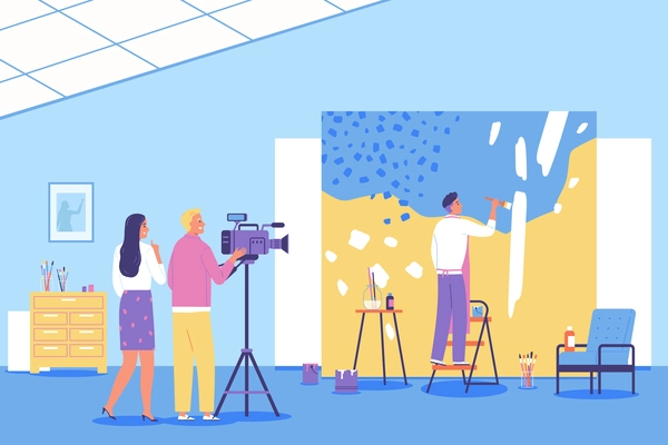 Two people with camera shooting artist painting in studio flat background vector illustration