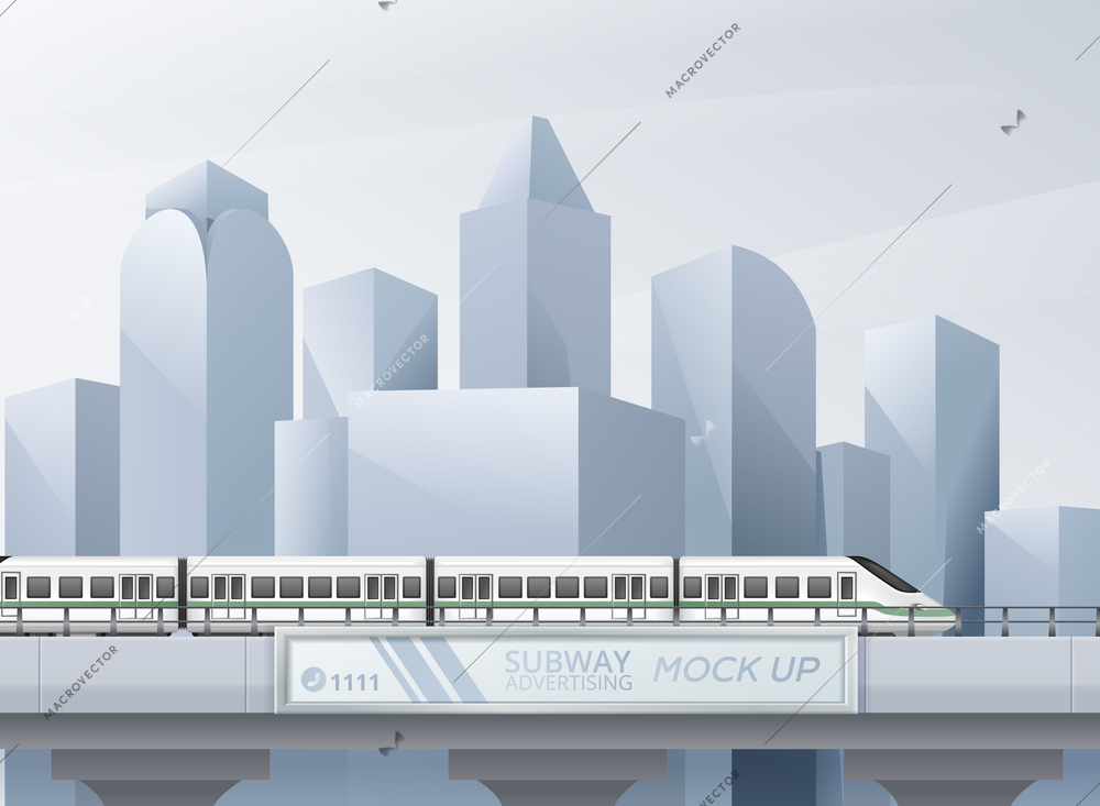 Subway advertising mockup on railway bridge with metro train and cityscape on background realistic vector illustration