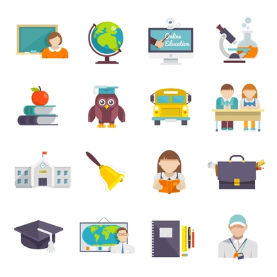 School icon flat set with teacher pupils and education elements isolated vector illustration