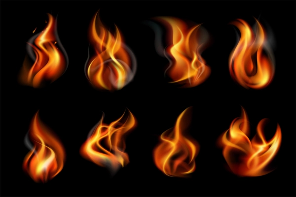 Realistic colored flame fire icon set bright red tongues in the wind vector illustration