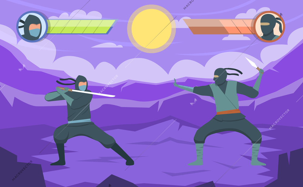 Fighting game scene with two ninja warriors with sword and dagger flat vector illustration