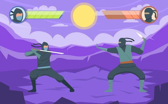 Fighting game scene with two ninja warriors with sword and dagger flat vector illustration