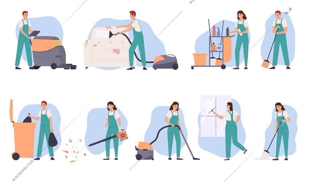 Professional cleaning service flat set with male and female workers in uniform vacuuming furniture mopping floor washing windows isolated vector illustration