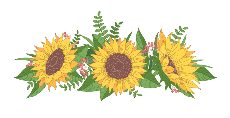 Summer cartoon composition with sunflowers and green leaves vector illustration