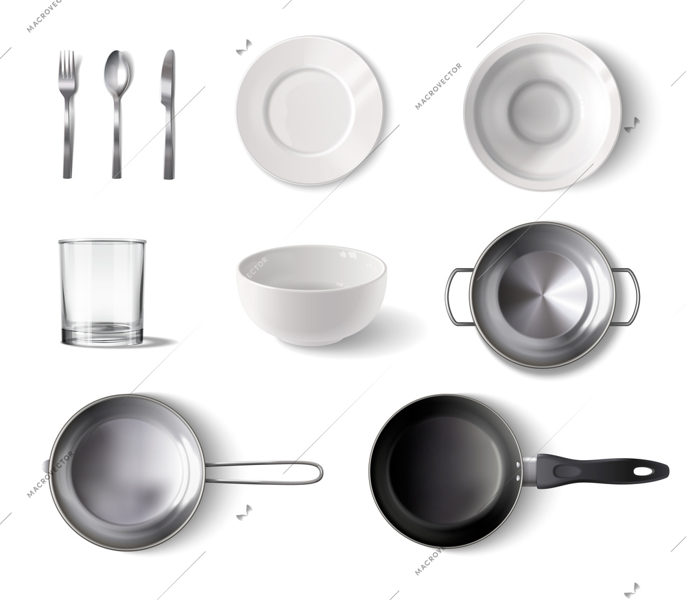 Dishware realistic set with clean plate bowl frying pan saucepan glass cutlery side and top view isolated vector illustration