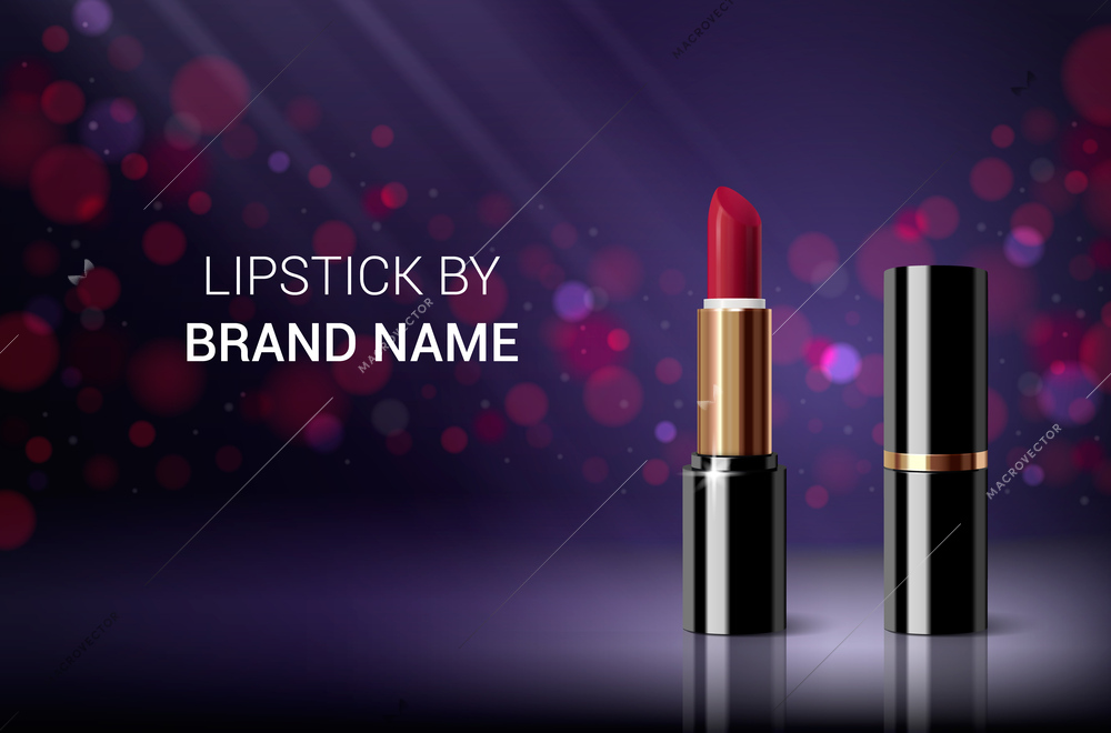 Lip makeup advertisement poster with red shade lipstick on colour bokeh background realistic vector illustration