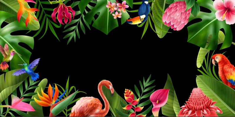 Exotic flowers realistic horizontal frame with tropical beauty symbols vector illustration