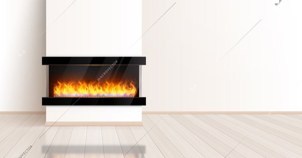 Fireplace realistic composition with indoor view of empty room with modern style chimney and burning fire vector illustration